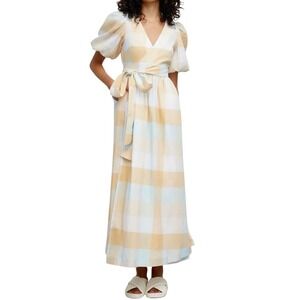 Significant Other Stella Check Cotton Maxi Dress Yellow Blue Puff Sleeve  8 New